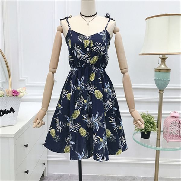 

2021 new 2021 summer new seaside holiday style v-neck pineapple leaf print suspender dress skirt dt6m, Black;gray