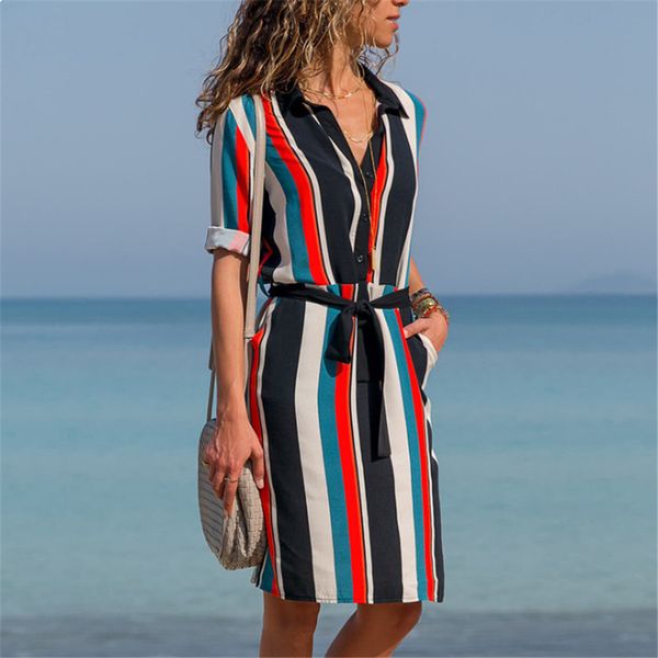 

2021 new summer casual beach striped dressed party line short sleeve female shirt 0jv4, Black;gray