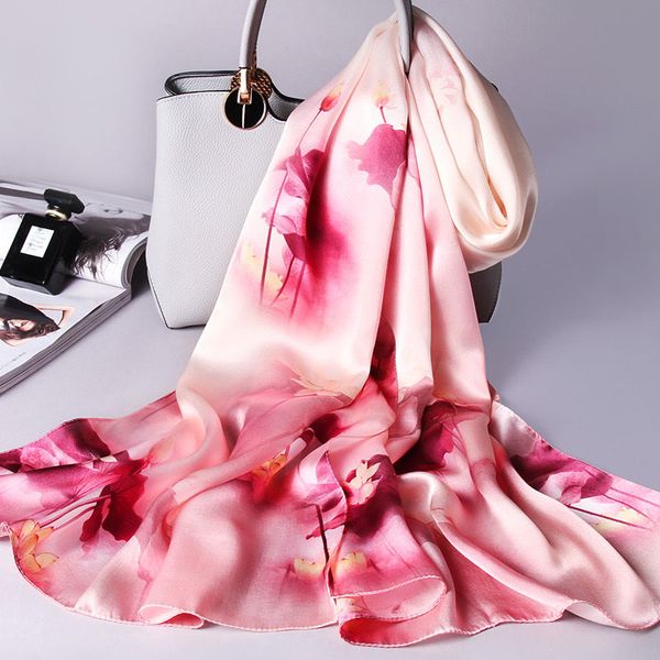 

100% scarves of women 2020 hangzhou royal silk involve gifts for the mother printed long natural scarf foulard femme xales aswv, Blue;gray
