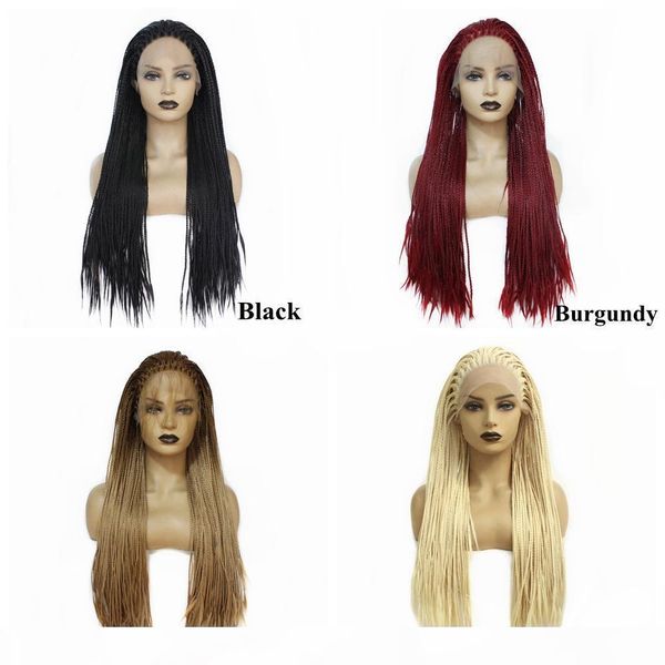 

13x4 lace wigs with baby hair heat resistant synthetic lace front wig long braided box braids wigs for women burgundy blonde 1b wigs, Black;brown