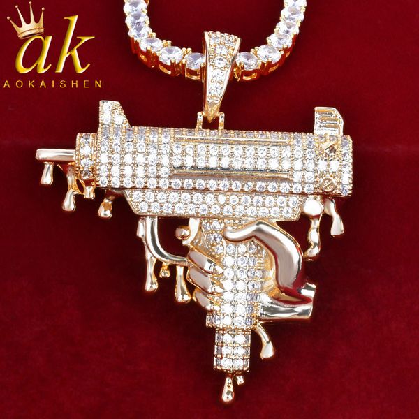

gun bling necklace gold plated jewelry copper full zircon iced out plated hip hop rock street bling dripping 201013, Silver