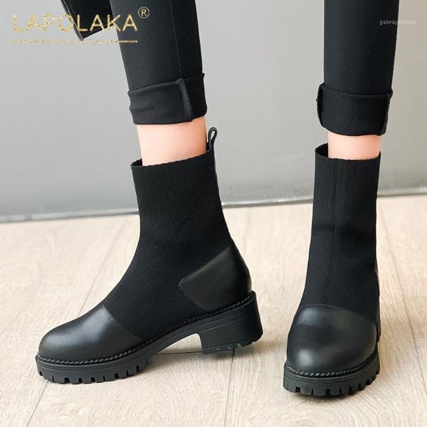 

boots lapolaka 2021 fashion genuine cow leather woman shoes warm plush slip on stretch fabric autumn winter boots1, Black