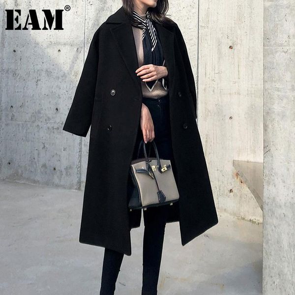 

women's wool & blends [eam] loose fit black big size long woolen coat parkas lapel sleeve women fashion tide autumn winter 2021 1dd0980