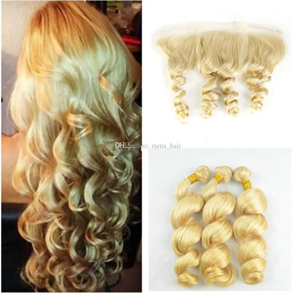 

3 bundles with 13x4 ear to ear full lace frontal closure 4pcs lot #613 shiny blonde loose wave curly virgin human hair weave, Black;brown