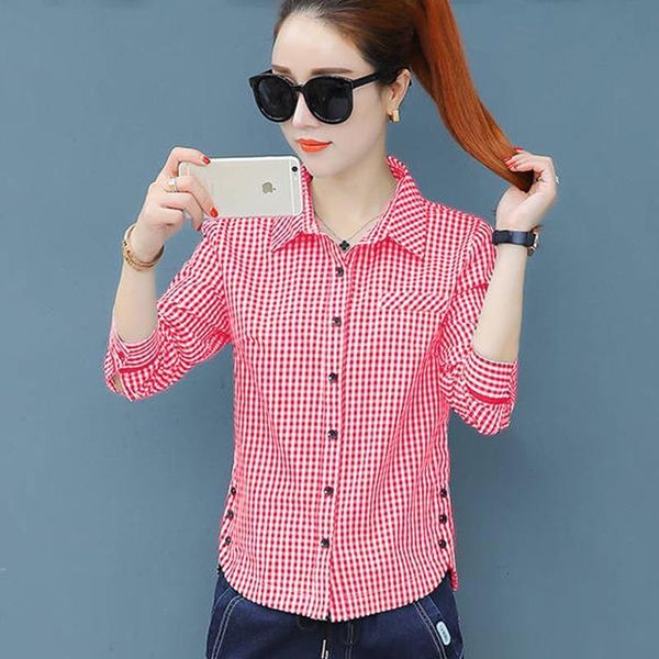

new chic early autumn checker long sleeve shirt womens shirt blouse office regular full button plaid df2257, White