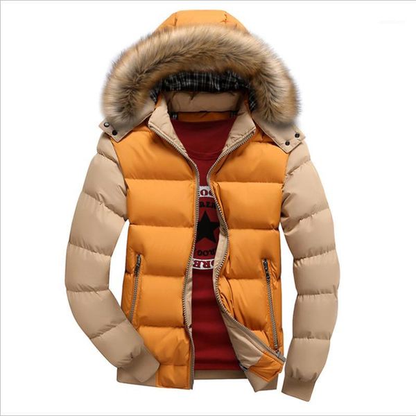 

m-3xl men winter hooded thick padded jacket hooded with fur collar zipper slim men coats parka outwear1, Black;brown