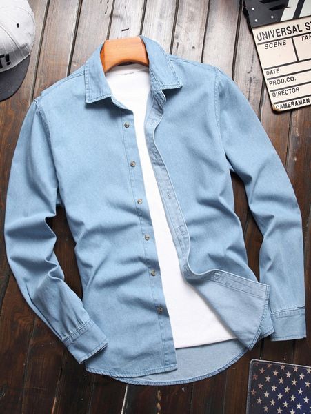 

men curved hem denim shirt without tee h7kt#, Blue