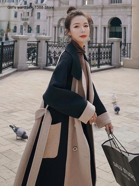 

splicing woolen overcoat women's new winter 2020 mid long korean version loose temperament popular woolen coat trend, Black