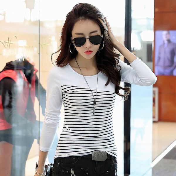 

t shirt women shirts long sleeve casual tshirt striped female o-neck t-shirt women's tee shirt femmel, White