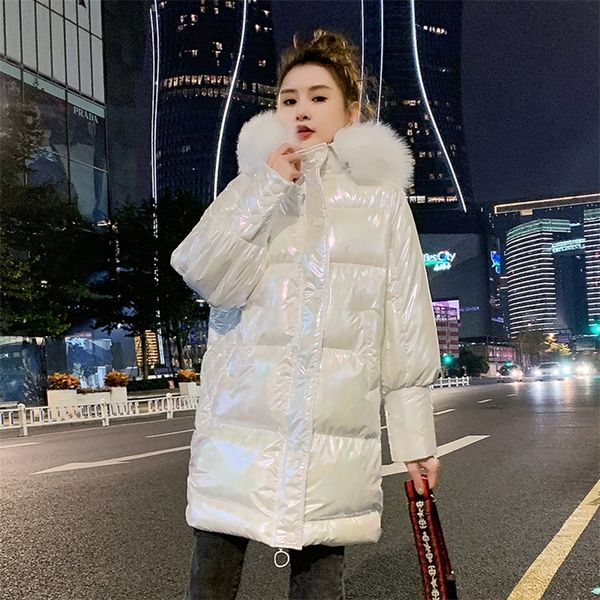 

new long glossy hooded parka jacket women warm thicken with fur collar white long winter coats parka 201214, Black
