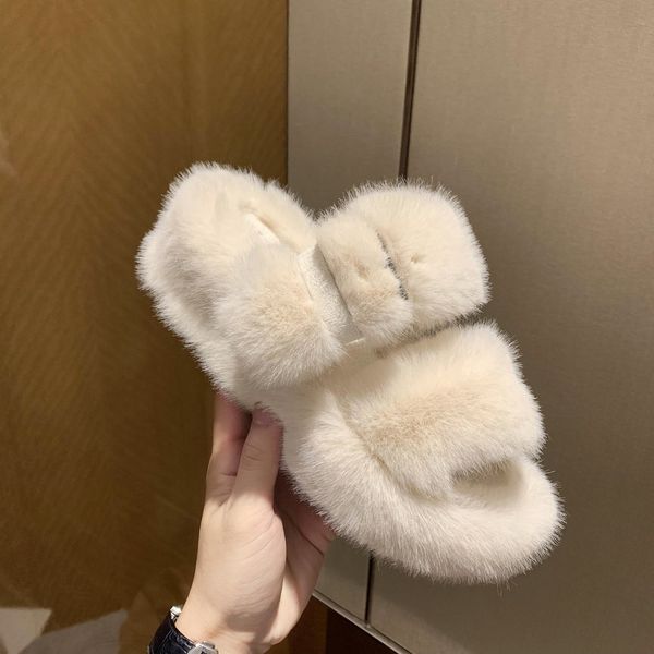 

2020 winter new fur slides for women fashion solid fluffy slippers flock slippers women add velvet to keep warm house slippers x1020, Black