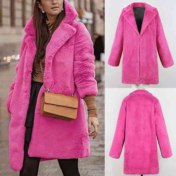 

women's fur & faux plus size thick long coat women winter warm loose plush soft fluffy outerwear pure color sleeve nut9, Black