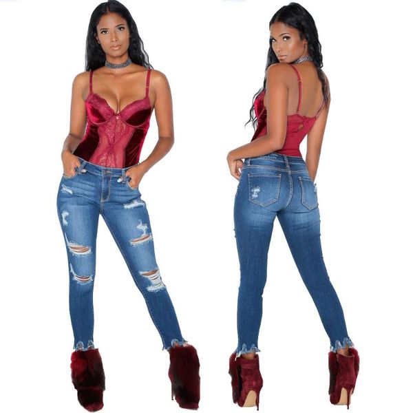 

women's fashion personality jeans women's worn jeans high waist casual ripped slim, Blue