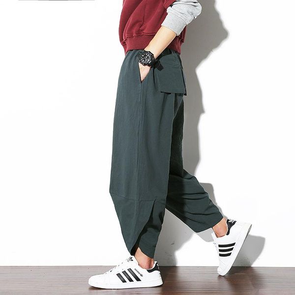

chinese style large size loose harem pants 2021 men's new cotton linen pants men's personalized crotch, Black
