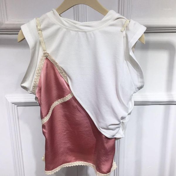 

women t-shirt lace fake two short-sleeved t-shirts1, White