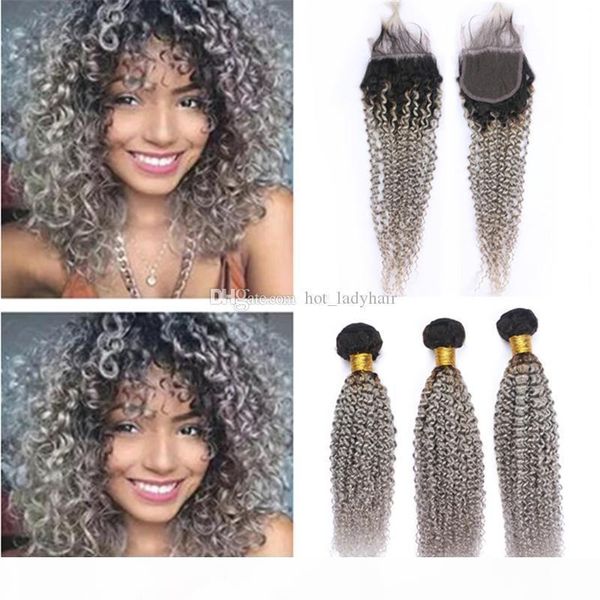 

two tone 1b grey ombre curly human hair weave bundles with lace closure kinky curly dark roots gray ombre hair wefts and closure, Black;brown