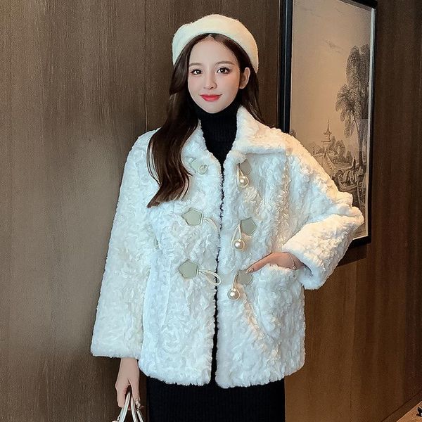 

autumn winter new faux fur coat ladies solid loose long sleeve thicken warm sweet lamb wool jacket women short outerwear abrigos, Black