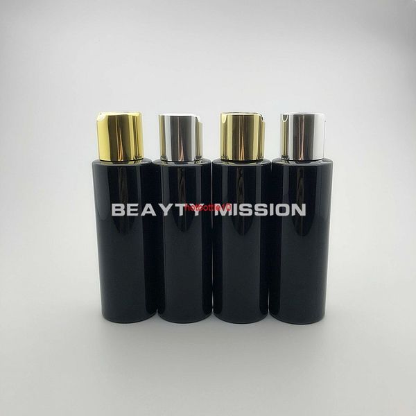 Missão de beleza 48 PCS / lote 100ml preto frasco de plástico vazio com ouro / prata alumínio disco tampão superior, garrafas de óleo, garrafa de xampu para transporte