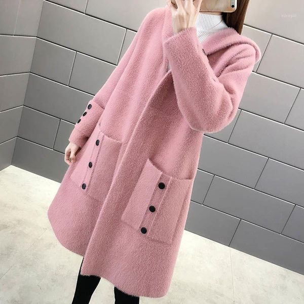 

women 2020 spring autumn imitation water velvet knitted sweater female hooded casual loose cardigan overcoats ladies outwear g111, White
