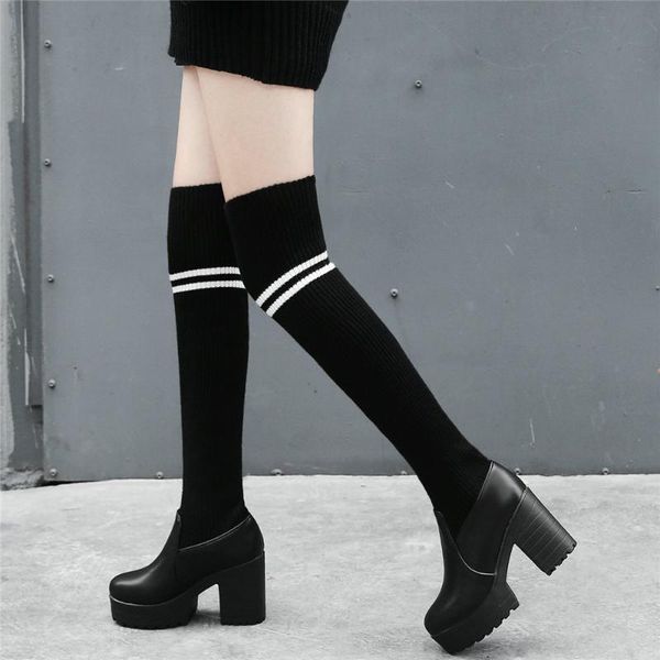 

boots knitting stretchy shoes women black chunky high heels over the knee motorcycle female long shaft platform pumps
