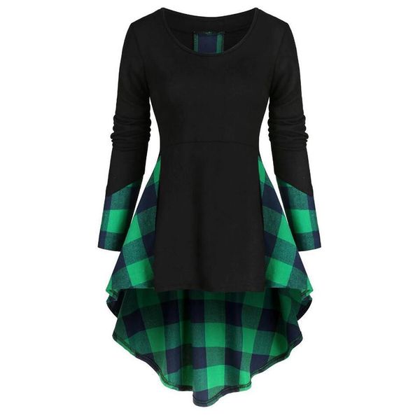 

plus size long sleeves 5xl for women plaid lace up asymmetrical high low female o-neck t-shirt de mujer, White
