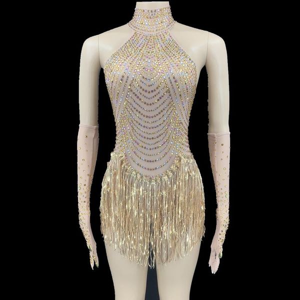 

stage wear shining rhinestone fringes dance bodysuit women mesh perspective crystal leotard singer dancer party outfit, Black;red