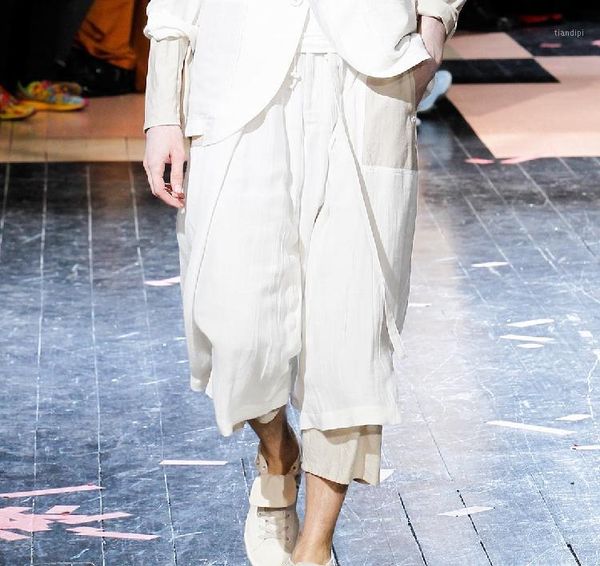 

2017 new summer men's pants fashion loose wide leg pants trousers white linen breathable capris plus size stage singer costumes1, Black