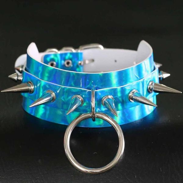 

kmvexo holographic spike choker punk laser leather collar rivet necklace statement oversized chocker club party harajuku qylxlj, White