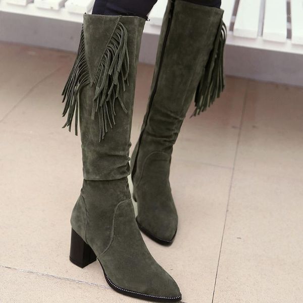 

snow boots women knee high shoes fashion pure color pointed toe tassel zipper square heels vintage women boots#41, Black