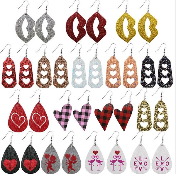 

valentines day pu leather earrings double layered designers sequin teardrop earrings for women plaid heart lips long drop earrings e121004, Red;brown