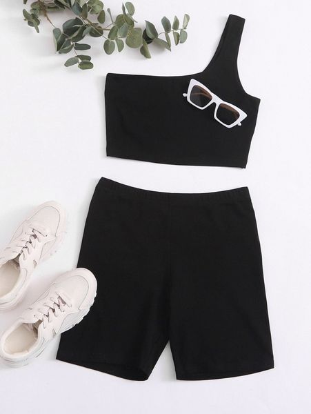 

one shoulder crop & biker shorts set l2yg#, White