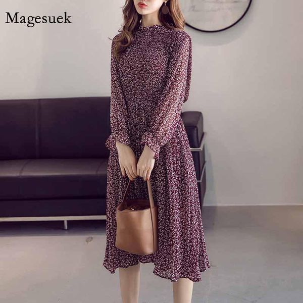 

floral print empire stand collar midi pleated chiffon dresses red women 2020 spring autumn flare sleeve dress vestidos 8634 50, Black;gray