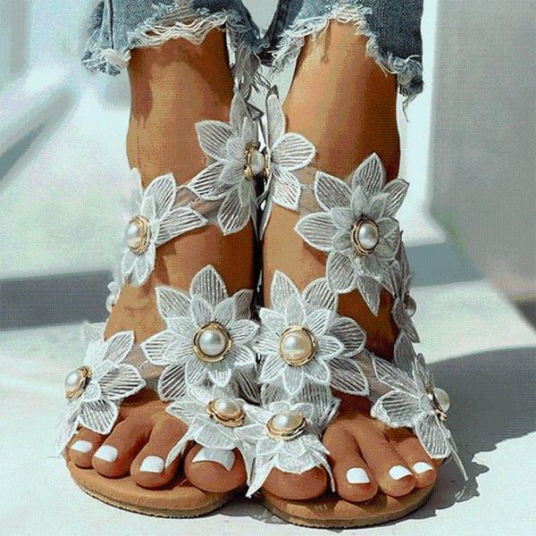 

women artisanal sandals summer women's floral pearl flat sandals toe ring beach shoes dress sweet ladies sandalias, Black