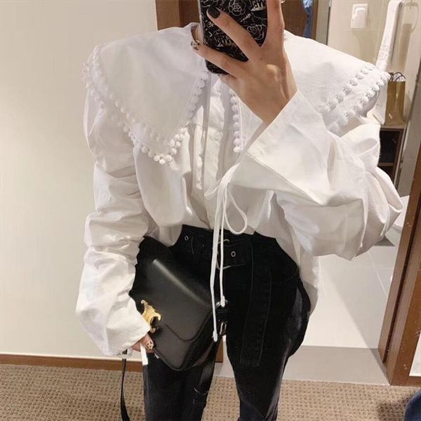 

palace style 2020 office lady ruffles thicken drawstring all match loose stylish women shirts, White