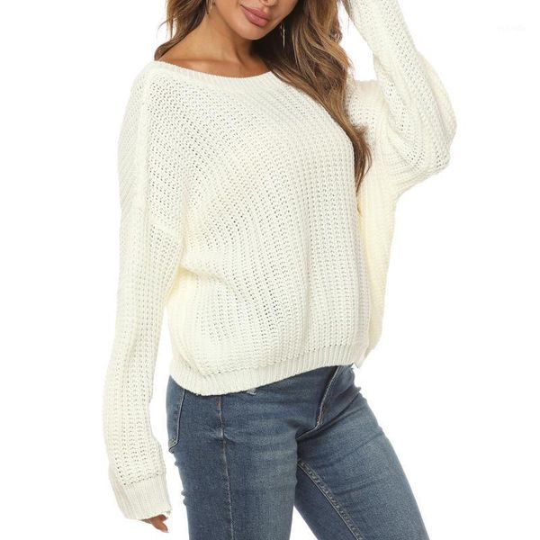 

women sweaters 2021 new autumn pure color long sleeve pullover sweaters ladeis casual loose thin white1, White;black