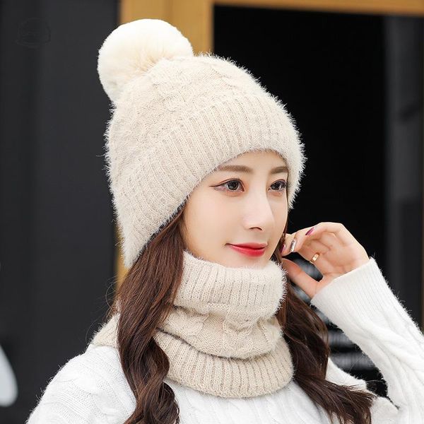 

2020 winter fashion solid color knitted hat scarf set pompom beanies hat for women brand new thick skullies warm neck female cap, Blue;gray