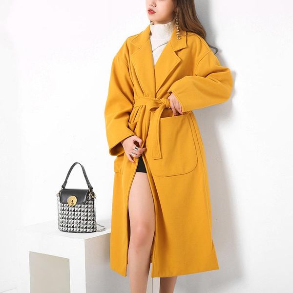 

women's wool & blends [ewq] 2021 autumn w thick warm yellow winter coat women plus size long outerwear korea woolen ql2817, Black