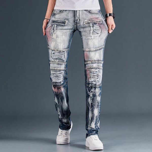 

men's jeans arrival fashion 2021 biker patchwork spliced ripped denim pants male straight slim patch beggar vaqueros hombre, Blue