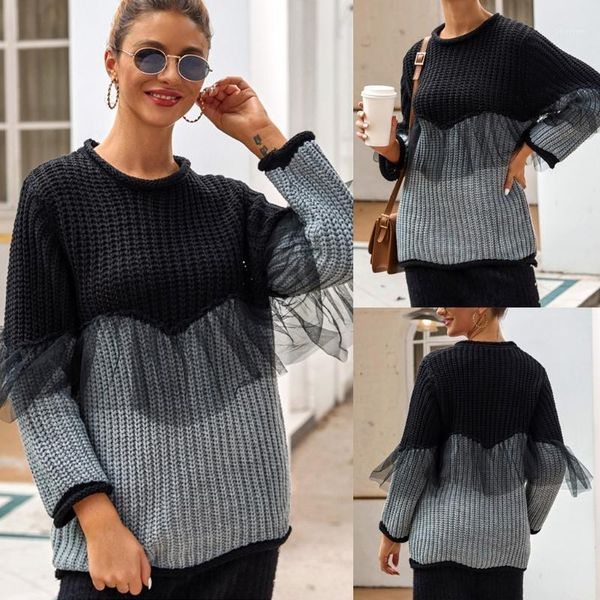 

new women o-neck mesh spliced sweater knitwear long sleeve pullover casual ropa mujer invierno 2019 w12031, White;black
