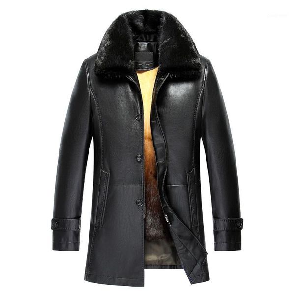 

2020 winter new medium long natural fur collar veste homme hiver cuir detachable lining fur men jacket1, Black