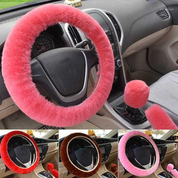 

cute car steering wheel covers gear shift knob handbrake cover hand brake wool cover auto car pink black interior accessory1
