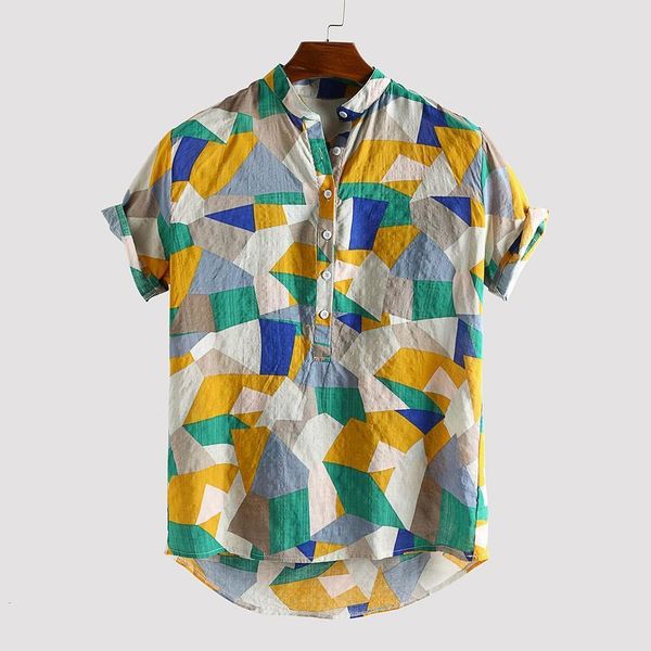 

geometric print mens shirts casual slim fit mens summer stand collar hawaii loose shirts plus size chemise homme, White;black