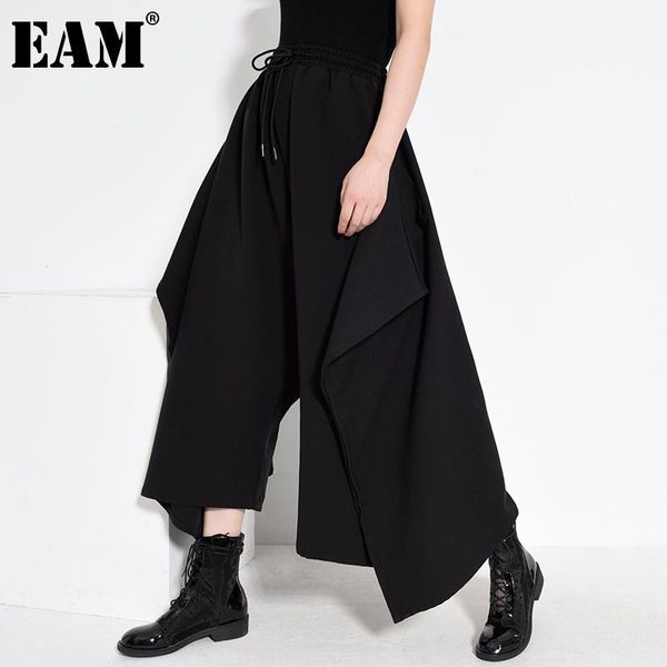 

eam] high elastic waist black brief rufflfes wide leg trousers new loose fit pants women fashion spring autumn 2020 1y03801, Black;white