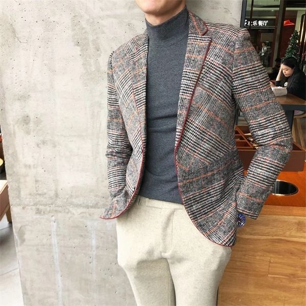 

wool blend tweed blazers men 2019 antumn winter jacket men's plaid suit jacket men blazer masculino vintage terno masculino q1216, White;black