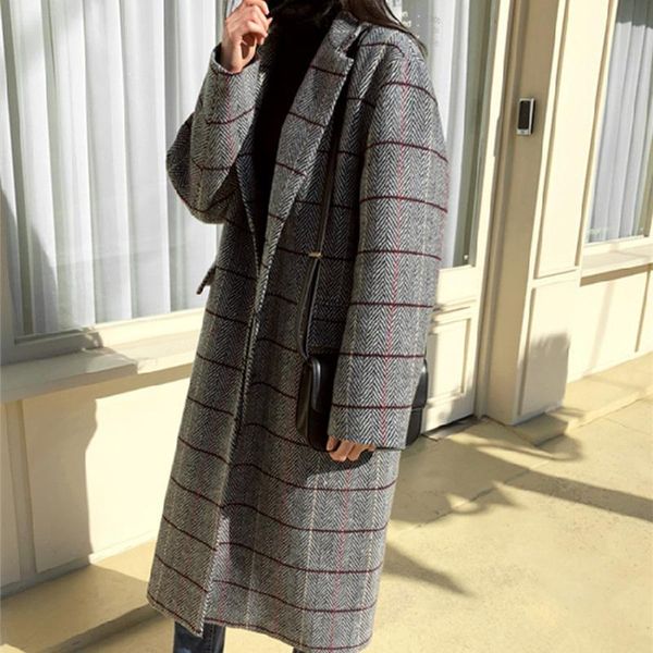 

women's wool & blends bornladies women plaid coats single breasted casual long female office lady winter retro oversize loose woolen ch, Black