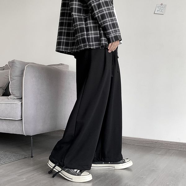 

men casual pants wide leg fashion solid simple ulzzang harajuku streetwear daily baggy bundle male hipster all-match elastic ins, Black