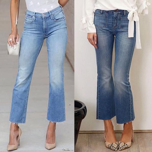

fashion women jeans high waist button zipper pocket mom jeans casual denim loose flares pants mujer 2019 s101, Blue