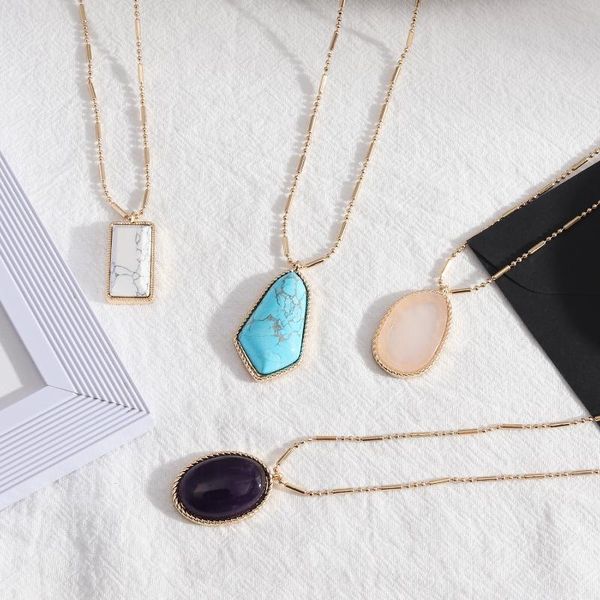 

fashion geometric natural stone kallaite pendant necklace pink purple crystal howlite necklace women jewelry, Silver