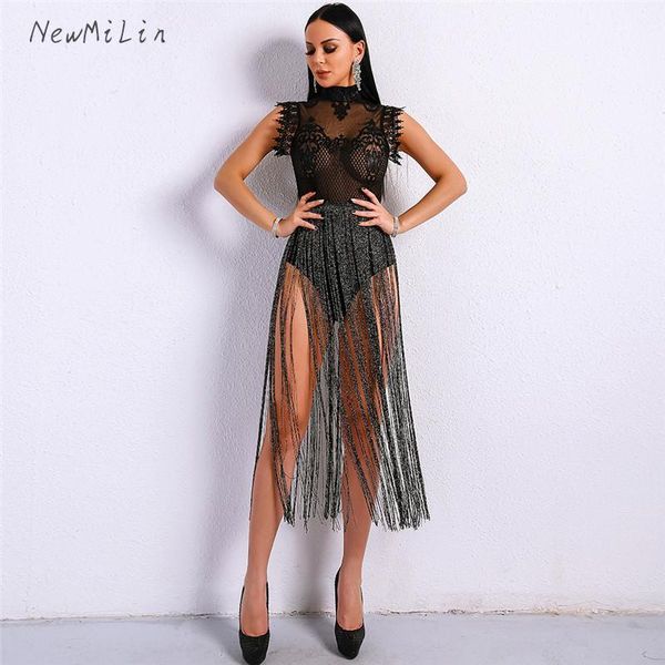 

2019 bandage bodycon tassel turtleneck playsuits jumpsuits women night club see-through lace sleveeless jumpsuit wholesale1, Black;white