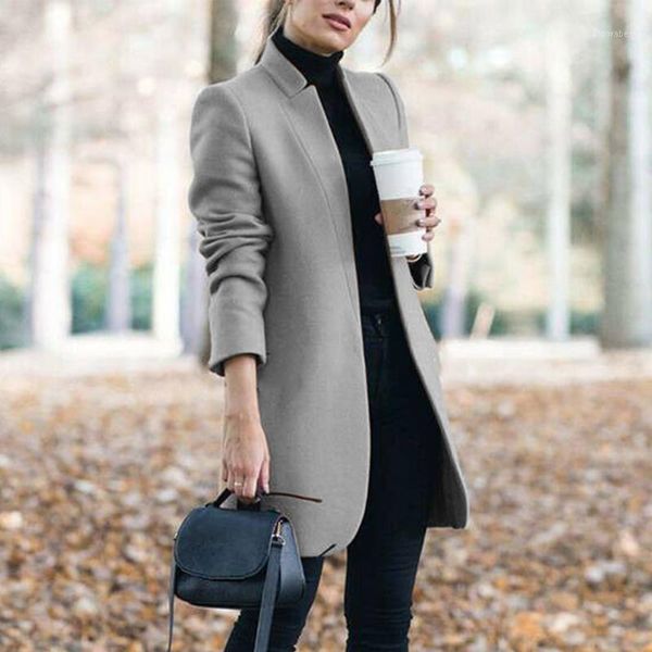 

solid elegant fashion ladies stand collar women wool coat trench winter warm outwear slim fit outdoor long shopping office1, Black